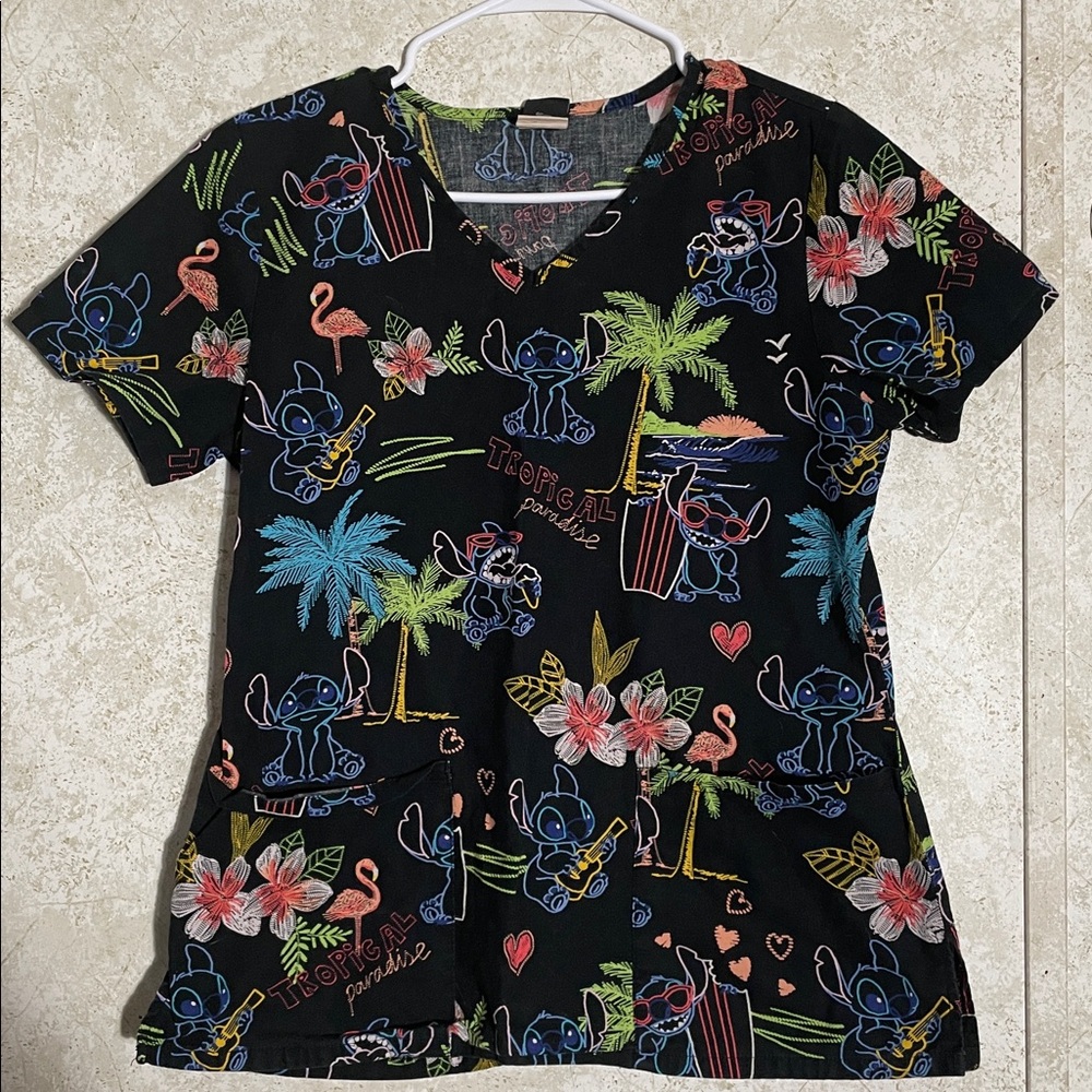 Disney Lilo and Stitch Black Flamingo Tropical Medical Scrub Shirt size Small